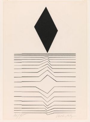 
 "Uten tittel" by Victor Vasarely, a fine art serigraph on paper featuring a solid black diamond shape at the top and a symmetric pattern of black horizontal lines beneath, interrupted by a chevron-like formation that points towards the diamond, all set against a cream or light beige background.