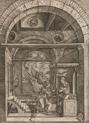  "Bebudelsen," a copperplate engraving on paper by Marcantonio Raimondi, depicts the Annunciation scene with the angel Gabriel on the left with extended hand and wings, and the Virgin Mary seated on the right with an open book, set within a classical architectural interior framed by a vaulted ceiling.