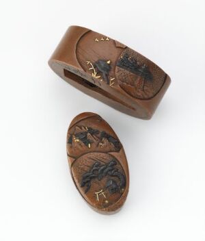  An intricately carved, dark brown, wooden oval case, displaying detailed reliefs of animals and vegetation on its surface, with the top half of the case leaning on the bottom half.