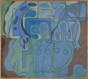  "Composition in fresco no. 13" by Bjarne Engebret, an abstract oil painting with interlocking shapes in shades of blue, green, and brown on plaster over a wood fiber panel, featuring organic curves and a subtle representation of a figure within the abstract forms.