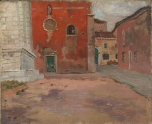  "Red Church Wall in Venice" by Frits Thaulow is an oil painting on canvas showing a muted red church wall with a greenish-brown door and a circular stone carving above it. To the left, a contrasting white structure and further earthy-toned buildings are in the background, while the foreground features a sandy-gray pavement. The scene is quiet and devoid of people, with an overcast sky, rendered in a palette of subdued, muted tones, capturing a sense of timeless tranquility.