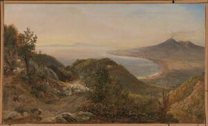  "View from Pimonte" by Johan Christian Dahl, an oil painting on canvas featuring a serene landscape with rolling hills, a body of water, a distant mountain under a pastel sky, and subtle earthy tones throughout.