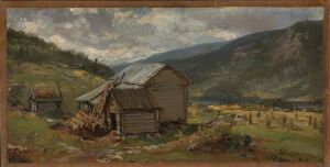  "View of Hjelle in Valdres," an oil on cardboard painting by Johan Christian Dahl featuring a rustic wooden building with a peaked roof in the Norwegian countryside, surrounded by hills, distant mountains, and an over