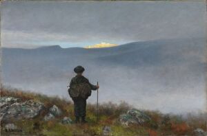  "Soria Moria" by Theodor Kittelsen, a fine art oil on canvas depicting a silhouetted figure with a hat and walking stick standing on rocky terrain, gazing towards a misty landscape with an atmospheric sky showing a sliver of golden light on the horizon.
