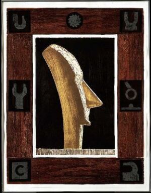  "Sosialdemokratisk ikon" by artist Tom Gundersen, a color woodcut depicting a stylized golden profile of a human head facing to the right, framed by a patchwork-style border of dark and light browns, with simplistic, iconic symbols in each corner.