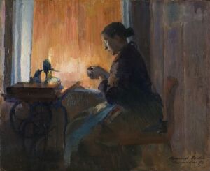  Oil painting on canvas, mounted on wood panel, by Harriet Backer, depicting a woman engaged in an activity indoors. The scene is illuminated by a soft, warm light from a lamp on the left, enhancing the earthy and muted blues and grays of the room's interior.