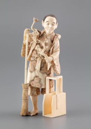  A finely detailed ivory sculpture of a contemplative bald figure in traditional attire, holding an umbrella and standing beside a suitcase, against a light grey backdrop. Artist name and title remain unknown.