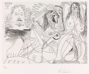  Black and white etching on paper by Pablo Picasso titled "Rembrandtsk mann, og to nakne kvinner," depicting a bearded man in the style of Rembrandt in the center, flanked by two abstractly rendered nude women, all intertwined, set against a blank paper background. The artist's signature and numbering appear at the bottom.