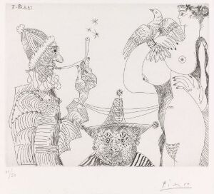  A black and white etching by Pablo Picasso titled "Opiumsdrømmer: Røykende mann med pavekalott oppdager treenighetens mysterium i en kvinnes bryst og due, med en bajas med tresnutet hatt i bakgrunnen." This etching features abstract and surreal figures, including a man in a papal cap, a naked woman whose breast transforms into a dove, and a whimsical figure in a three-pointed hat, all surrounded by star shapes within a dream-like tableau.