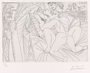  A black and white etching by Pablo Picasso titled "Rafael og La Fornarina XXIV: Med kikker med tresnutet hatt og to duer," featuring a relaxed female figure reclining in the forefront with an onlooking male figure wearing a three-pointed hat, set among what appears to be a natural, leafy environment with two doves, created with a dynamic and expressive line work.