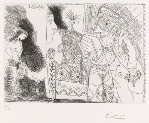  A monochromatic etching by Pablo Picasso titled "Forfatter med sin muse, arbeidende på en fortelling av typen "Tusen og en natt"" portraying a whimsical blend of figures including an author, muse, owl, young man, and courtesan, realized