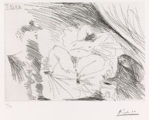  Black and white etching by Pablo Picasso titled "Ung kvinne i sengen, koblersken og en herre," displaying an expressive sketch of a reclining woman adorned with a large accessory on her head, a cloaked figure beside her, and a subtle gentleman to the right, composed with dynamic lines and stark contrasts between light and dark.