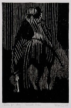  "Takk for idag" by Niclas Gulbrandsen, a black and white woodcut on paper depicting a figure in abstract form, with vertical white lines creating the impression of a sitting person against a dark background.