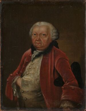  Oil portrait by Peder Pedersen Aadnes of Chancellor Christopher Hammer, depicted as a stately gentleman from the waist up in 18th-century attire, with a red coat and cream waistcoat, facing slightly left with a direct gaze, set against a dark brown background.