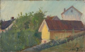  Oil painting by Oluf Wold-Torne depicting a countryside scene with a vibrant yellow house with a red-tiled roof in the foreground surrounded by lush greenery, against a backdrop of a soft blue sky, evoking a tranquil rural atmosphere. The painting is executed in oil on canvas mounted on paperboard, typical of fine art from the 532 - Bildende Kunst classification.