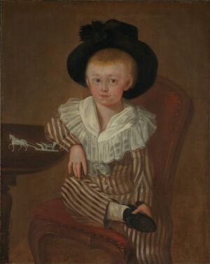  "Oil painting by Heinrich Christian Friedrich Hosenfelder depicting a solemn young child in period clothing, seated in an antique chair, holding a black hat with a bow, against a warm brown background."