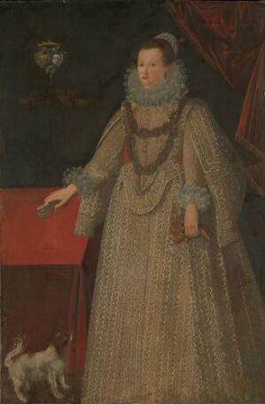  Oil painting on canvas titled "Queen of Poland Cecilia Renate of Habsburg" by an unknown artist, depicting the queen standing with a hand resting on a red upholstered ledge, wearing a golden-beige gown with a pattern and an elaborate white lace collar, against a dark background with a maroon curtain and a small white greyhound.