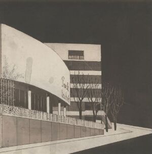  Monochrome painting of the modern building "Parkteatret" by an unknown artist, featuring a curved facade at the lower section, rectilinear windows above, trees with bare branches, and prominent use of light and shadow in grayscale tones.