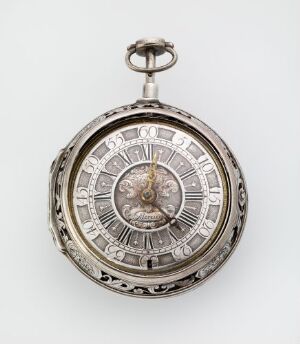  An intricately designed silver pocket watch by François & David Mercier titled "Lommeur," featuring a double case with decorative filigree work and a complex face that reflects skilled craftsmanship.