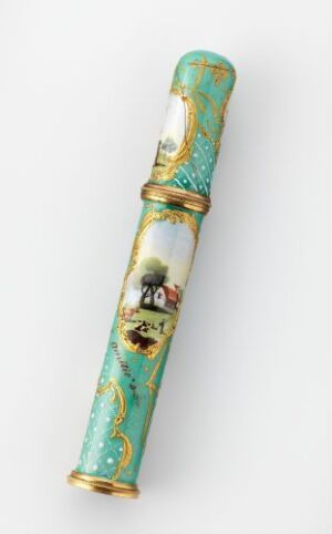  An enameled copper needle case named "Nålehus" featuring seafoam green color with gold scrollwork and a central hand-painted enamel motif. The artist is unidentified, and the case is an example of decorative arts associated with sewing and embroidery.