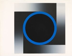  "Blue Cylinder" by Sidsel Westbø - a bold blue ring centered over two overlapping squares with a grayscale gradient from light to dark, set against a white paper background.