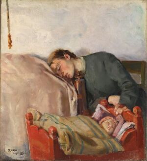 
 Oil on canvas painting by Christian Krohg depicting a young adult in a dark greenish-gray jacket and burgundy scarf asleep with their head on a bed next to a red cradle, where a small child wrapped in a pink blanket is also sleeping. The background is muted with faded tones, emphasizing the warm, intimate moment between the two figures.