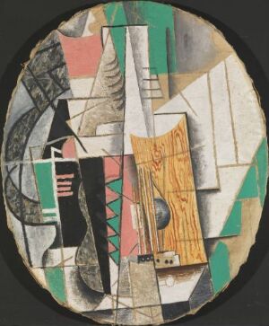  A Cubist painting by Pablo Picasso, featuring a complex arrangement of abstract geometric shapes in earthy tones with black outlines and touches of jade green and light teal, on a circular canvas, symbolizing a fragmented reality typical of Cubism.