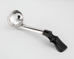  A shiny stainless steel ice cream scoop with a black ergonomic handle and a mechanical thumb lever, against a neutral off-white background.