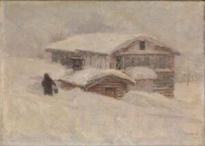  An oil painting on canvas by artist Jacob Gløersen depicting a snow-covered house in a translucent winter landscape with a single dark figure to the right, evoking a sense of solitude in a vast expanse of white and muted grey tones.
