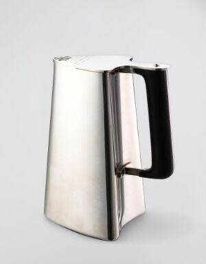  A sterling silver pitcher designed by Sigvard Bernadotte, featuring a reflective silver body with a smooth, tapered shape and a contrasting black wooden handle. The pitcher rests against a neutral background, showcasing its elegant design and polished silver surface.