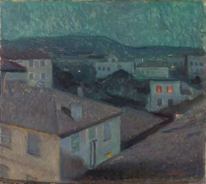  "Night in Nice" by Edvard Munch, an oil on canvas showing a serene night scene with dark teal blue sky above buildings rendered in green, grey, and muted tones, and a singular window glowing orange.