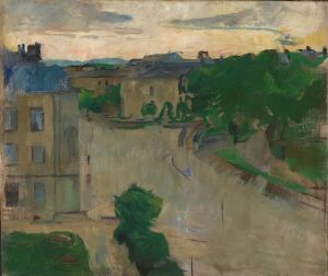  "View from my Balcony, Hansteensgate 2" by Harriet Backer is a painting depicting an urban scene viewed from above, with earth-toned buildings lining a street, interspersed with vibrant green trees, under a softly colored dawn or dusk sky.