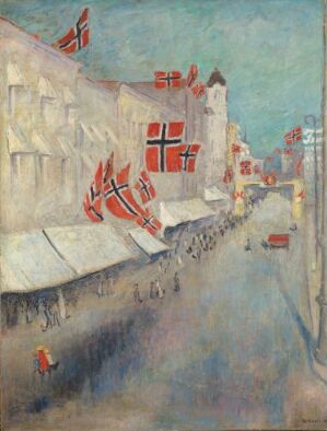  Impressionistic oil painting on canvas by Arne Kavli, depicting a bustling city scene with buildings lined by Norwegian flags, a crowd of indistinct figures, and pops of red from flags, a person's clothing, and a vehicle, all set against a pale blue sky.