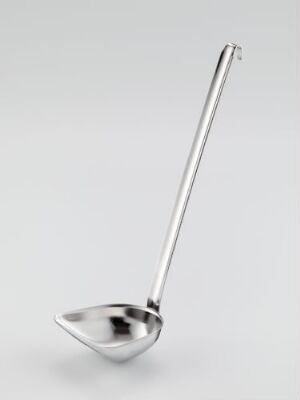  A stainless steel ladle with a long handle and an oval-shaped bowl, designed by Polaris fabrikker, against a neutral grey background.