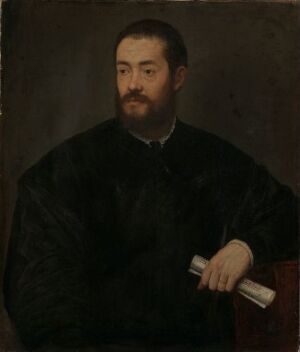  "Portrait of a Musician" by Antonio Badile, a Renaissance-era painting depicting a seated man in black clothing holding a small scroll, with an introspective gaze and a dark brown background.