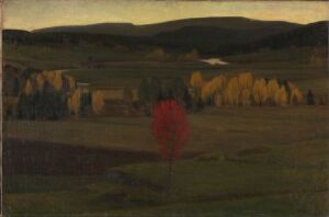  "Landskap" by Lars Jorde, an oil on canvas depicting a muted rural scene with a prominent crimson red tree amidst a field of dark greens and browns, flat traditional yellow buildings, rolling hills, and an overcast sky.