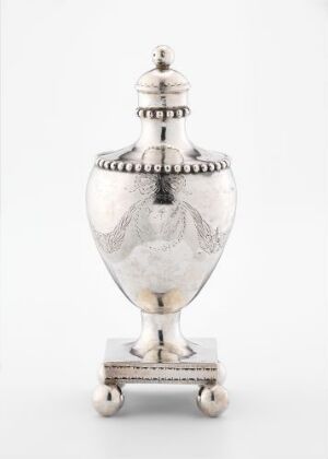 
 An antique silver tea caddy known as "Tedåse" by Peder Christensen Beyer, featuring chiseled and engraved decorations, with a beaded rim lid and scrolled feet, on a white background.