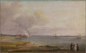  "View over Øresund near the Lime Works" by Johan Christian Dahl, featuring a tranquil coastal landscape with figures on the shore, boats on calm water, and smoke rising from distant lime works under a soft, expansive sky.