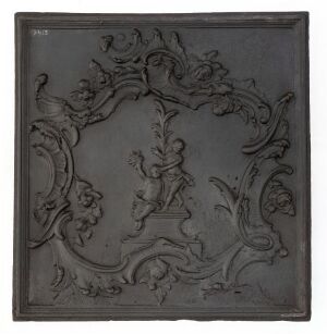  A square decorative tile with a dark gray baroque relief design on a flat background, featuring ornate foliage with a central unembellished space, suggestive of classical craftsmanship.