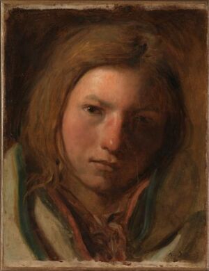  "Portrait of a Youth" by François-Auguste Biard — a close-up oil portrait of a young individual with warm, contemplative eyes and tousled brown hair, dressed in period clothing, painted with a muted color palette on paper mounted on canvas.