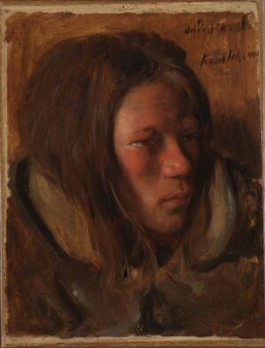  "Portrait of a Youth, Kautokeino" by François-Auguste Biard, featuring a closely cropped painting of a solemn young individual with downcast eyes and a fur collar, portrayed in a palette of rich browns and earthy tones, highlighting the expression and textured details of the subject's features and traditional attire.