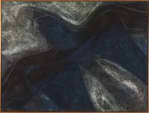  "Black Birds" by Sigurd Winge, an abstract fine art painting on canvas featuring dark background with swirling strokes of blue and white suggesting the ethereal motion of birds against a night sky.