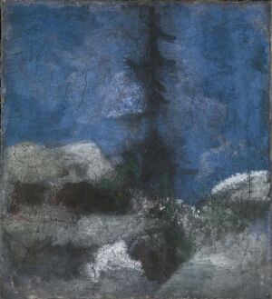  "Spruce" by Erling Enger is a visual art piece on canvas depicting a central figure of a spruce tree in varying shades of blue against a background that suggests a snowy and rocky landscape, rendered in whites and grays, employing a powder technique to create textured and atmospheric effects.