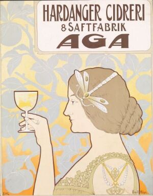  Art Nouveau-inspired advertisement design by Emil Høye featuring an elegant woman in profile, holding a wine glass, with stylized text "HARDANGER CIDRERI & SAFTFABRIK AGA" set against a background of organic yellow, blue, and green patterns.