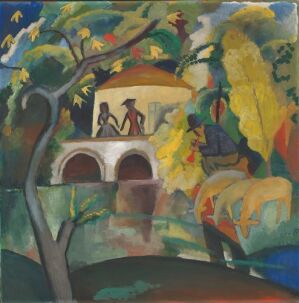 An abstract oil on canvas painting by August Macke featuring a garden-like setting with a large tree on the left, a pavilion with two silhouetted figures in the center, and another figure on the right, all depicted in vibrant and expressive blocks of color.