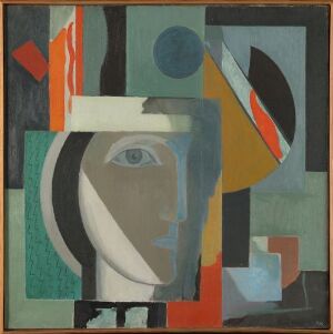  "Composition with a Head" by Ragnhild Kaarbø, an abstract oil painting on canvas featuring a stylized profile of a human head in shades of grey, surrounded by geometric and organic shapes in grey, white, black, orange, red, and pale blue.
