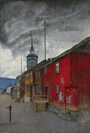  Oil painting titled "Street in Røros" by Harald Sohlberg, depicting a historic street with rustic red wooden buildings on the left, a narrow cobblestone street, a church spire in the distance, and a heavy gray sky overhead.