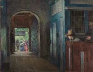  "Christening in Tanum Church" by Harriet Backer is an oil on canvas painting, portraying a tranquil church interior with natural light entering through an open door, highlighting a woman and a child in the center, surrounded by muted colors and figures dressed in formal attire, suggesting a christening ceremony.