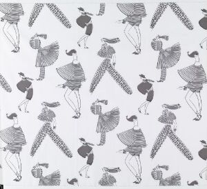  A fabric designed by Per Spook with a repeating monochromatic print pattern containing stylized human figures in black and gray on a white background, displaying various fashionable poses and costumes.