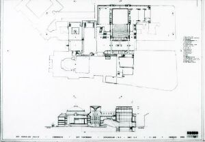 ' Architectural drawing titled "Utkast til utvidelse av Det Kongelige Teater i København" by an unidentified photographer, depicting a detailed black and white floor plan and elevation for the expansion of the Royal Danish Theater.